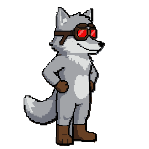 a retro 2d pixel art sprite of an anthropomorphic grey fox aviator character, standing in a confident idle pose with hands on hips. the character has fluffy grey fur, a tuft of hair on its head, fox ears, and a confident smirk. it wears pilot goggles with