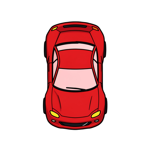 carro relâmpago mcqueen visto de cima (top-down), estilo jogo mobile flat/vetor simples, cores sólidas vibrantes, sem sombras realistas, carro esportivo compacto apontando para cima, corpo vermelho, para-brisa e vidro traseiro em vermelho claro translúcid
