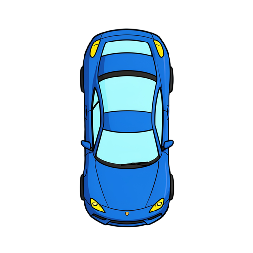 carro visto de cima (top-down), estilo jogo mobile flat/vetor simples, cores sólidas vibrantes, sem sombras realistas, carro esportivo compacto apontando para cima, corpo azul, para-brisa e vidro traseiro em azul claro translúcido, faróis amarelos pequeno