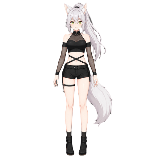 anime fox girl character with white/silver long hair in ponytail, cat/fox ears, yellow-green eyes, fair skin, white tail, wearing a black crop top bodysuit similar to "mesh sleeve crop style" or "criss cross waist" style from the reference - black form-fi