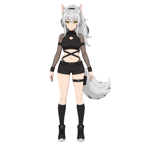anime fox girl character with white/silver long hair in ponytail, cat/fox ears, yellow-green eyes, fair skin, white tail, wearing a black crop top bodysuit similar to "mesh sleeve crop style" or "criss cross waist" style from the reference - black form-fi