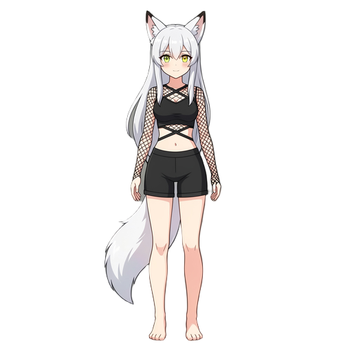 anime fox girl character with white/silver long hair in ponytail, cat/fox ears, yellow-green eyes, fair skin, white tail, wearing a black crop top bodysuit similar to "mesh sleeve crop style" or "criss cross waist" style from the reference - black form-fi