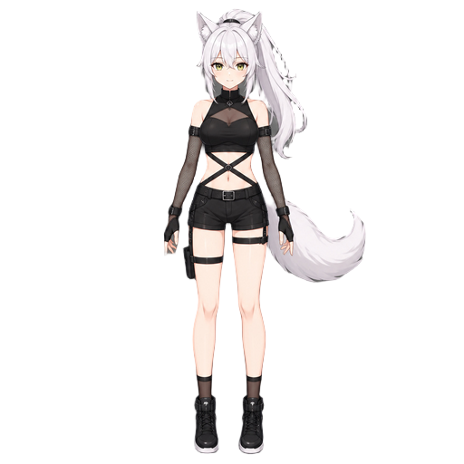 anime fox girl character with white/silver long hair in ponytail, cat/fox ears, yellow-green eyes, fair skin, white tail, wearing a black crop top bodysuit similar to "mesh sleeve crop style" or "criss cross waist" style from the reference - black form-fi
