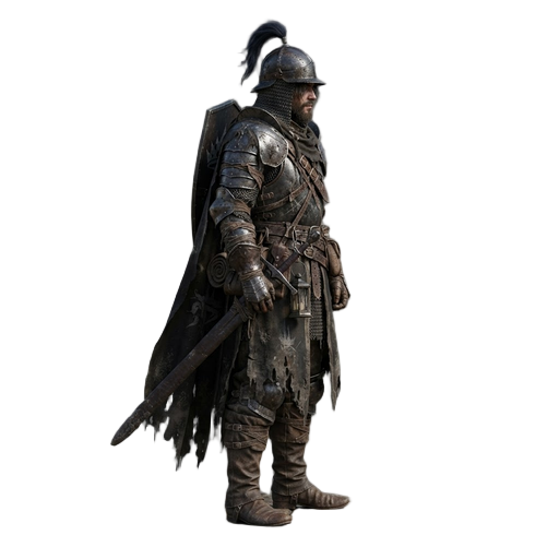 create a single original high-resolution dark-fantasy medieval warrior character for a premium 2d action rpg.  full-body character, orthographic side-view gameplay perspective, facing right.  the character is a battle-worn wandering knight known as the as