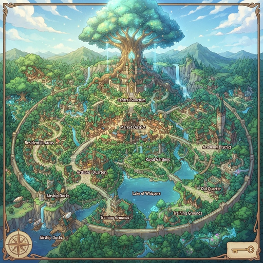 criar um mapa de cidade grande com tema floresta maica com uma arvore central no meio na parte superior