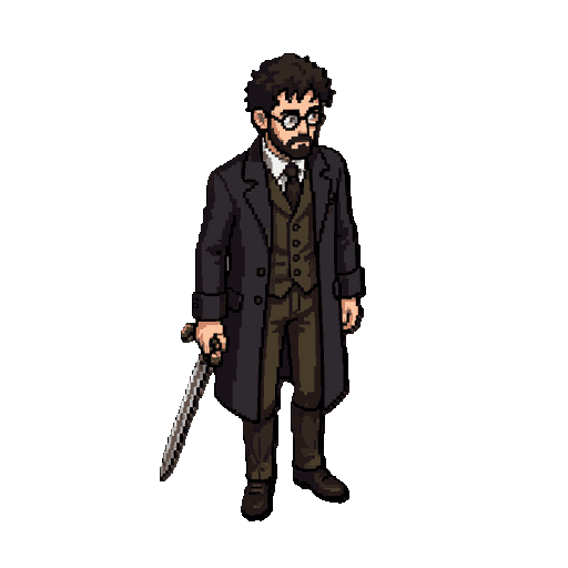 ze, slim adult man, dark messy curly hair, short beard, round black clear-lens glasses, dark 19th-century coat, vest, trousers and boots, elegant cane-sword, serious melancholic scholar, full body, top-down, facing right.