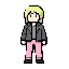 a teenage assassin with yellowish-green hair, pale skin, pink pants, and a stylish jacket.
