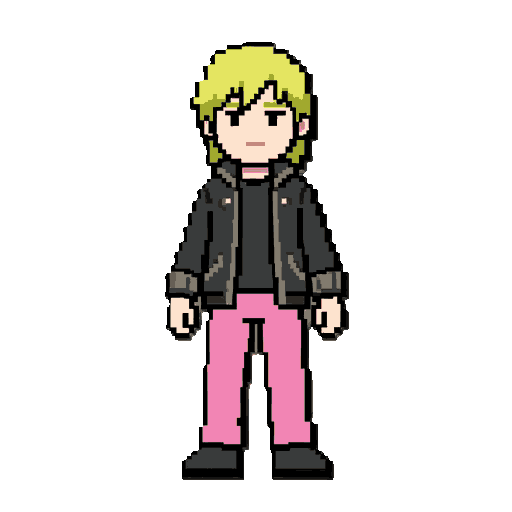 a teenage assassin with yellowish-green hair, pale skin, pink pants, and a stylish jacket.