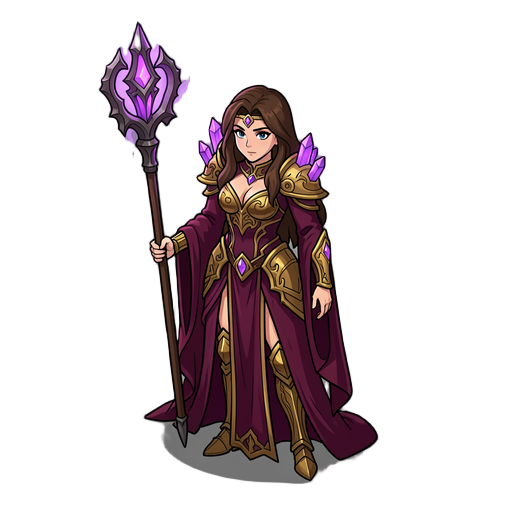 dark-fantasy female mage with long brown hair, revealing purple-burgundy robes, ornate gold armor, glowing violet crystals, and a tall gothic staff crowned with magical energy.