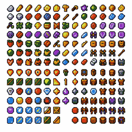 crie varios tilesets de rpgmaker vx ace e logos de ataque itens e armaduras etc tudo separadinho bonitinho minimo 3 imagens pra tileset 1 pra ataque 1 pra itens e 1 pra armor(1 imagem = 1 png e 1 imagem precisa ter no minimo 20x20 itens no caso dos outros
