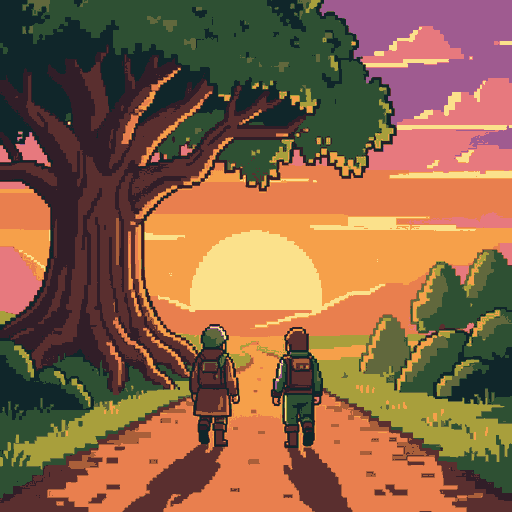 crie um background estiloso com uma arvore de yggdrasil e um por do sol de fundo e aventureiros andando em uma estrada de terra indo em direção ao por do sol