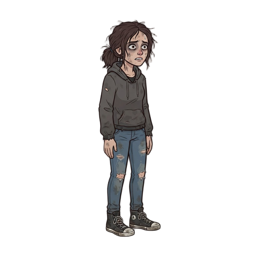 female protagonist for a survival horror game, young adult, fearful and exhausted expression, slightly pale skin with sweat and dirt smudges, messy dark brown shoulder-length hair, worn-out dark grey hoodie with frayed sleeves, dirty blue jeans with rippe