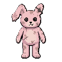 stuffed rabbit plush toy, horror monster, faded pastel pink fur, stained and dirty, one eye missing replaced by a crooked black button, torn ear sewn back on backwards, one front leg unnaturally longer than the other, worn visible stitching, creepy posses