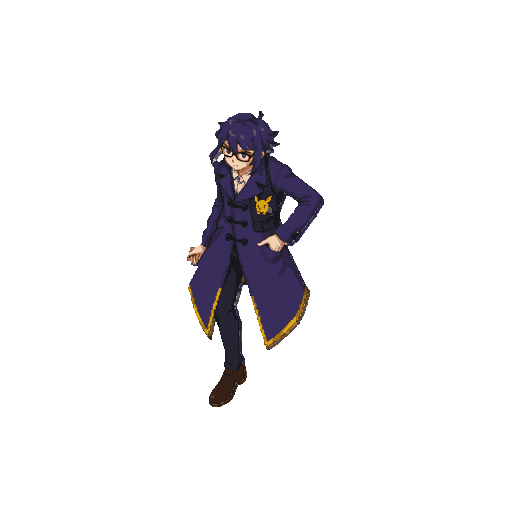 full pokemon sprite sheet of a male trainer, pixel art style, walking and running animation frames, 4 directions (front, back, left, right), isometric perspective. the character has messy dark purple hair, wears glasses, a long purple trench coat with gol
