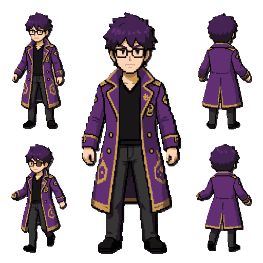 full pokemon sprite sheet of a male trainer, pixel art style, walking and running animation frames, 4 directions (front, back, left, right), isometric perspective. the character has messy dark purple hair, wears glasses, a long purple trench coat with gol