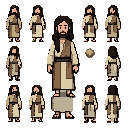 crie uma sprite sheet completa com todos os movimentos e pulo de um personagem protagonista para um jogo 2d de aventura e ação, em pixel art detalhada, com fundo transparente e grade organizada. o personagem é jesus cristo criança, reconhecível e inspirad