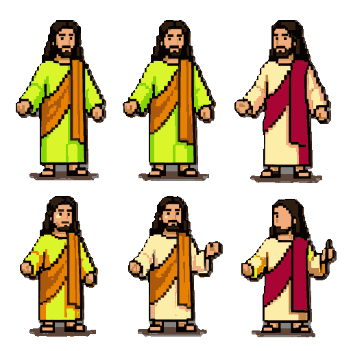 crie uma sprite sheet completa de um personagem protagonista para um jogo 2d de aventura e ação, em pixel art detalhada, com fundo transparente e grade organizada. o personagem é jesus cristo, reconhecível e inspirada no contexto histórico e bíblico  fase