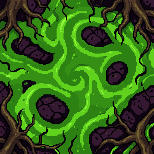 32x32 pixel art abstract tileable grass top, swirling toxic green slime pattern, gnarled roots and dark ink outlines, spooky gothic aesthetic, twisted lines and dark purple-black soil patches, full canvas composition, seamless pattern, 100% opaque, solid 