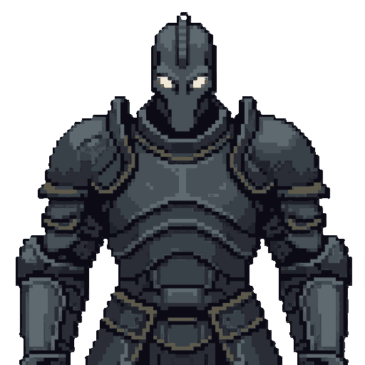 towering armored humanoid colossus, low-angle hero shot from below,  seen from the waist up. faceless helmeted head with a narrow ridged  crest running down the center and two burning white-gold slit eyes as  the only light source on the body. long tapere