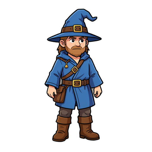 wizard adventurer in a short blue robe and leather leggings