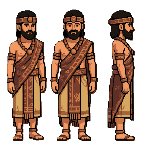 2d pixel art character sprite sheet, indus valley civilization priest-king, wearing a patterned shawl over one shoulder, short beard, headband with a circular amulet, terracotta ornaments, front profile, side profile, clear background, 8-bit, 16-bit retro