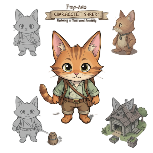 create a professional character concept sheet for the main protagonist of a 2d top-down farming, exploration and community-building game.  character: an anthropomorphic young cat adventurer.  he has a very distinctive caricatured silhouette: - extremely l