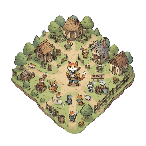 character concept art for the main protagonist of a 2d top-down adventure, farming and community-building game.  the protagonist is a young anthropomorphic cat explorer who travels through the world rescuing other cats. each rescued cat has a profession a