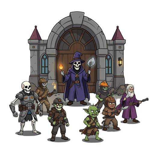 rpg onde você é um necromante administrador  você possui uma dungeon. inimigos derrotados podem virar seus funcionários. esqueleto guerreiro → segurança. goblin → mineração. mago morto → pesquisa. você monta equipes e evolui cada criatura. mistura rpg + g