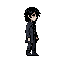 dark fantasy pixel art game character, young mysterious adventurer, slim silhouette, messy medium-length black hair, pale skin, tired amber eyes, simple dark coat with subtle worn details, dark trousers and boots, melancholic and mysterious atmosphere, el