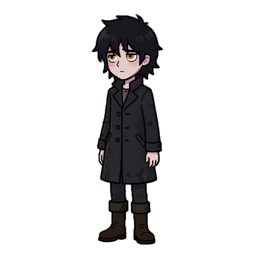 dark fantasy pixel art game character, young mysterious adventurer, slim silhouette, messy medium-length black hair, pale skin, tired amber eyes, simple dark coat with subtle worn details, dark trousers and boots, melancholic and mysterious atmosphere, el