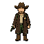 32-bit pixel art survival rpg character sprite sheet, one consistent lone sheriff survivor character for a survival game, brown cowboy hat, worn dark brown coat, beige shirt, sheriff star badge on chest, leather belt, brown boots, small backpack, revolver