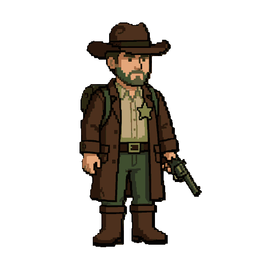 64-bit pixel art survival rpg character sprite sheet, one consistent lone sheriff survivor character for a survival game, brown cowboy hat, worn dark brown coat, beige shirt, sheriff star badge on chest, leather belt, brown boots, small backpack, revolver