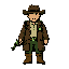 64-bit pixel art survival rpg character sprite sheet, one consistent lone sheriff survivor character for a survival game, brown cowboy hat, worn dark brown coat, beige shirt, sheriff star badge on chest, leather belt, brown boots, small backpack, revolver