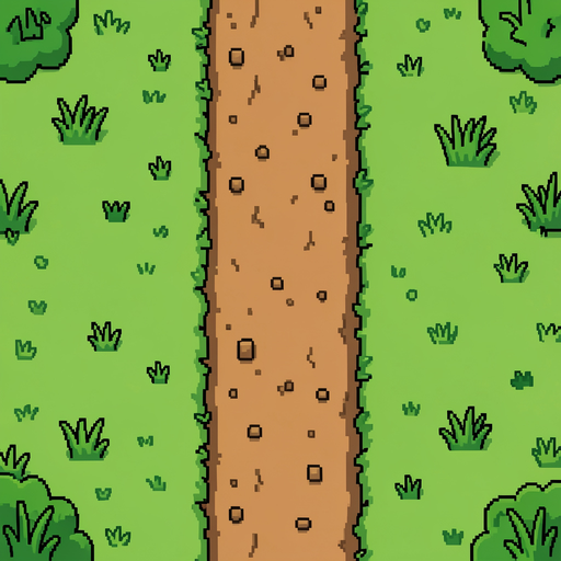 peça algo como: "top-down 2d pixel art grass and dirt path texture, seamless" (textura de grama e caminho de terra em pixel art 2d visto de cima, sem emendas).