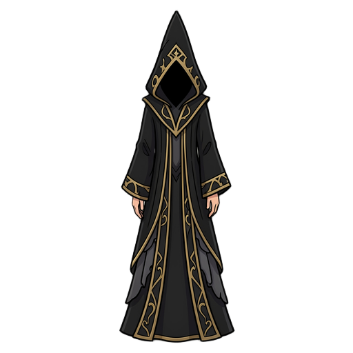 a tall, slender, faceless occult officiant with an elaborate gothic aesthetic. a large pointed black hood with aged gold trim conceals the face entirely, revealing only deep darkness inside—no eyes, skin, or facial features. the figure wears a floor-lengt