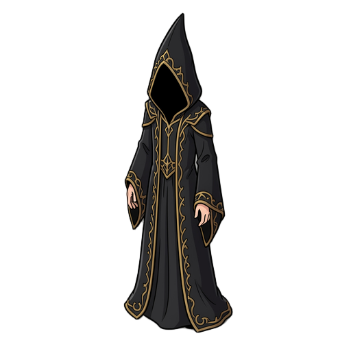 a tall, slender, faceless occult officiant with an elaborate gothic aesthetic. a large pointed black hood with aged gold trim conceals the face entirely, revealing only deep darkness inside—no eyes, skin, or facial features. the figure wears a floor-lengt