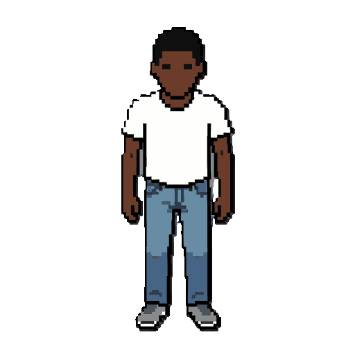 pixel art de um personagem negro, camiseta branca, calça jeans, sapato cinza, magro