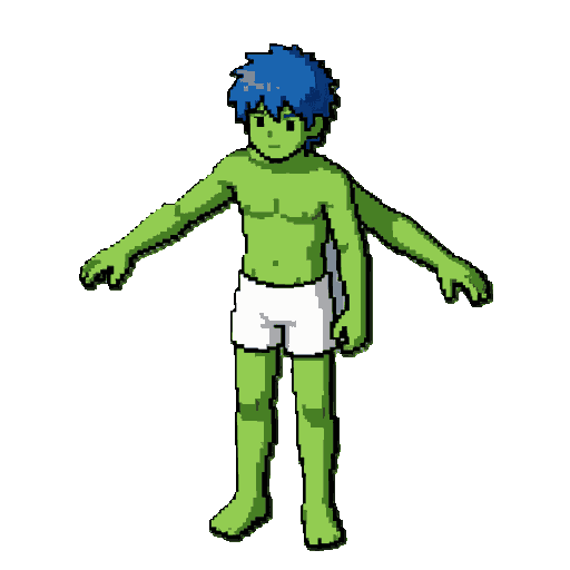 young human male mage, early 20s, short messy blue hair, wearing only a white micro short, t-pose, arms outstretched, full body, no weapons, no background, chrono trigger style pixel art, snes era, classic square enix pixel art style.