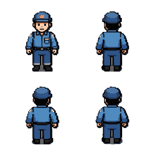 #goal transparent background png cute sd pixel-style male janitor character for use in top-down 2d games  1024×1024 resolution. place the four scenes evenly within a single image.\ above are the front view and the back view below, the “scene looking to th