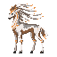 a graceful alien running herbivore with four long legs, dark hooves, a slender horse-like torso and a spectacular mane made of long flexible sensory filaments flowing backward from the head and neck. preserve the white, gray, brown and orange coloration a