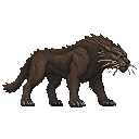 a large shaggy alien carnivore with four strong legs, long coarse dark-brown and charcoal fur, a low predatory posture, heavy paws, powerful shoulders, amber eyes and prominent vibration-sensitive whiskers around the muzzle. it should feel like a muscular