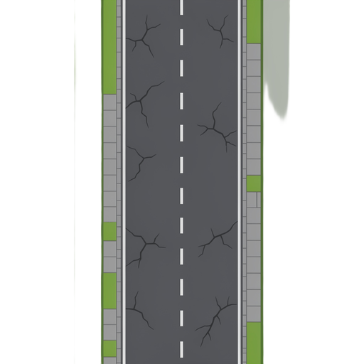 2d top-down game background, seamless urban asphalt road texture, dark gray color, realistic surface imperfections and cracks,dashed lane divider, interlocking gray pavement sidewalk edge, green grass texture,