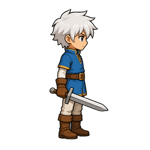 anime isometric RPG character, white hair, blue tunic, leather boots, starter sword