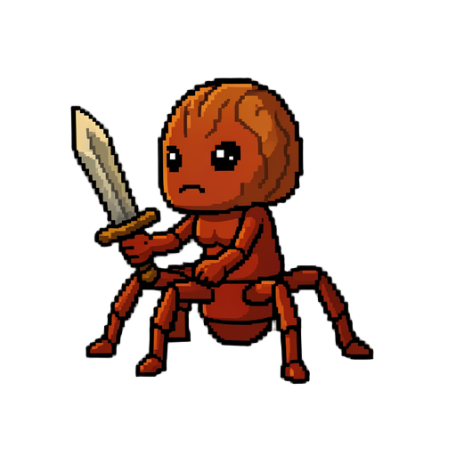 2D pixel art fire ant warrior for a platformer. Exactly 6 limbs: 4 legs + 2 front arms holding a small organic sword. Red-brown/orange body, walnut-shell helmet
