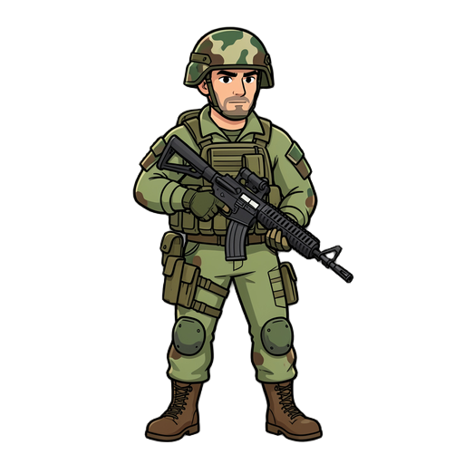 of a male soldier with camo helmit full gears and a assault rifle