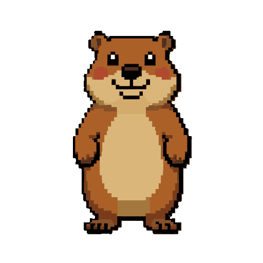 beaver standing up looking straight, with a friendly smile.