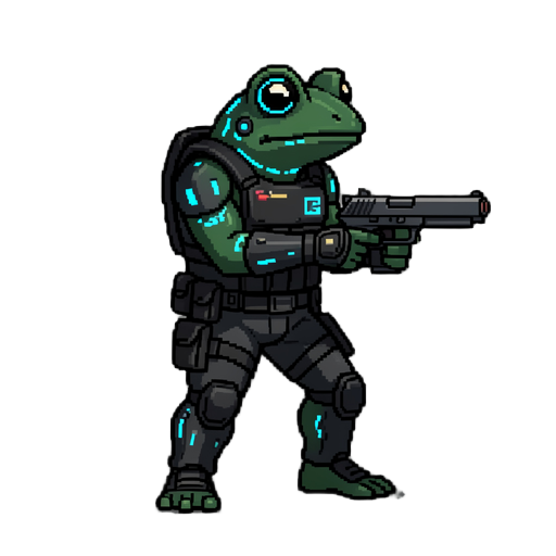 /image-gen cyberpunk frog, full body, side view, facing right, drawing handgun, combat stance, dark green skin, neon blue implants, black tactical armor, pixel art, game sprite --style pixel-art --size 64 --type character