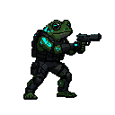 /image-gen cyberpunk frog, full body, side view, facing right, drawing handgun, combat stance, dark green skin, neon blue implants, black tactical armor, pixel art, game sprite --style pixel-art --size 64 --type character