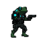 /image-gen cyberpunk frog, full body, side view, facing right, drawing handgun, combat stance, dark green skin, neon blue implants, black tactical armor, pixel art, game sprite --style pixel-art --size 64 --type character