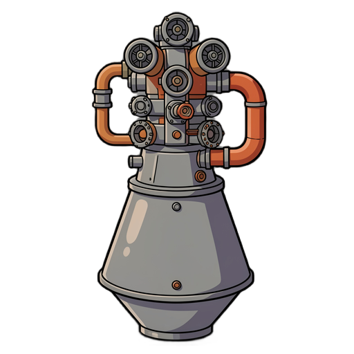 motor de foguete, vertical, corpo inferior grande em formato de sino invertido ( parte maior para baixo ), conjunto superior complexo de turbobombas, válvulas e tubulações, com um tubo grosso curvado na lateral